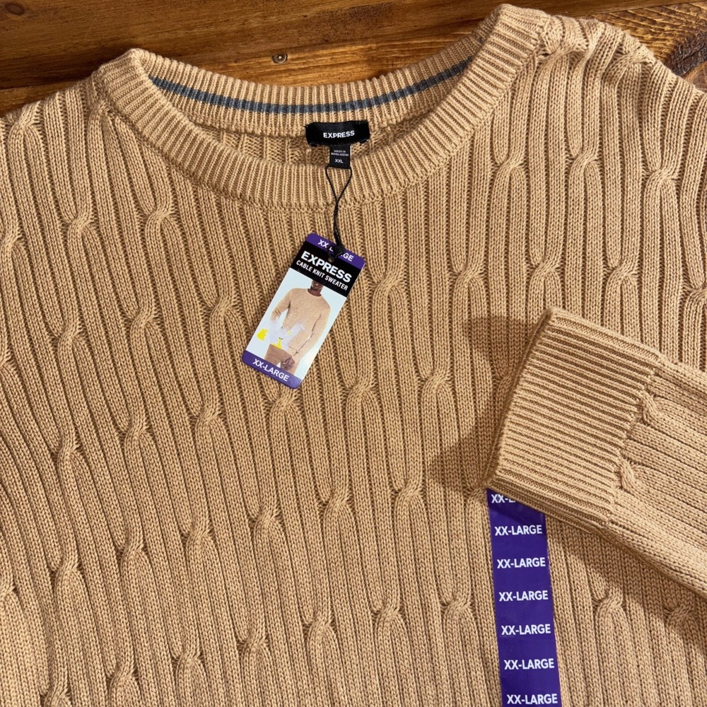 Express Cable Knit Sweater Men's‎ 2XL Pecan Brown Preppy Crew Neck XXL $68 NEW